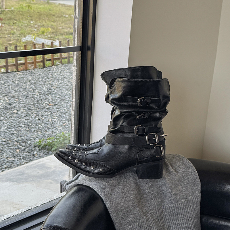 2025 Siêu Nóng Giày Bốt Ngắn Mũi Nhọn Dày Gót Mùa Xuân Đinh Tán Cọc Boots v-Mouth Western Cowboy Mar