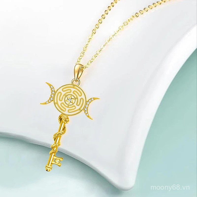 Vòng cổ bạc Tây Tạng mặt dây chuyền bánh xe Hekate và chìa khóa rắn - Trang sức phong cách phù thuỷ 
