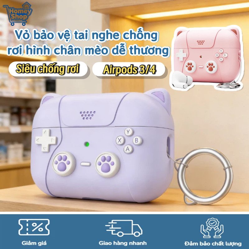 HomeyShop-Vỏ bảo vệ tai nghe chống rơi hình chân mèo dễ thương,chất liệu silicon mềm chống rơi,AirPo