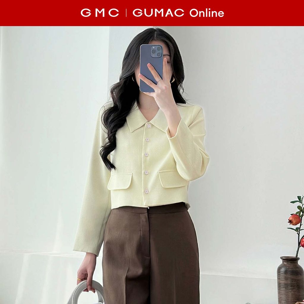 Áo khoác dạ nữ GUMAC dáng lửng form suông 2 lớp phối lá cổ lật kèm hai nắp túi trang trí LOWF0903