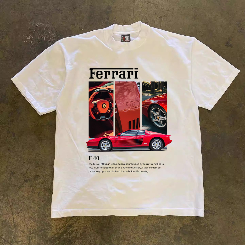 F1 racing short-sleeved shirt with F40 sports car graphic, retro street hip-hop style T-shirt