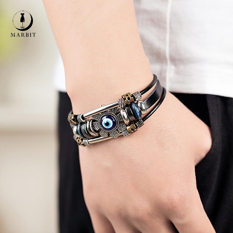Marbit Luy Eye Evil Eye Vòng tay Punk Vòng tay thủ công bằng da nhiều lớp ZHN