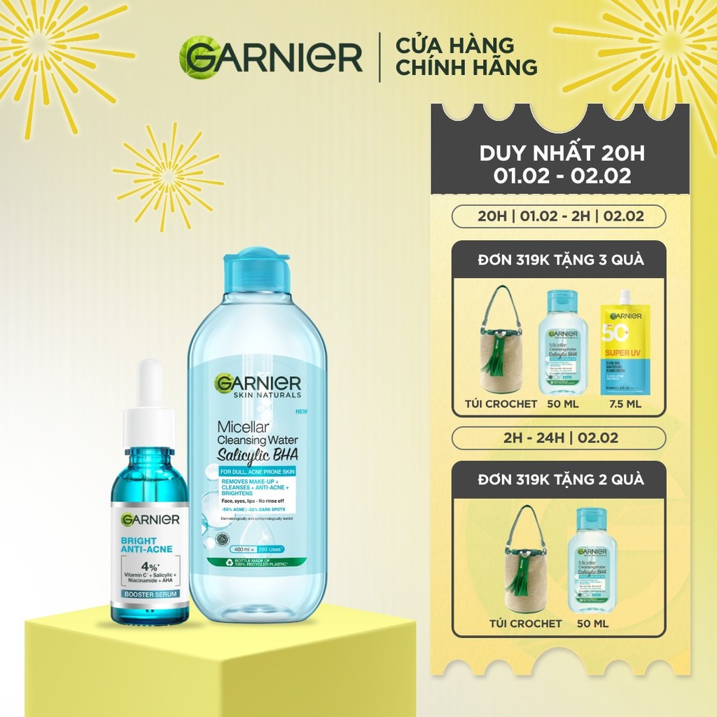 Bộ đôi dưỡng chất và nước tẩy trang làm sạch sâu, giảm mụn Garnier (mới)