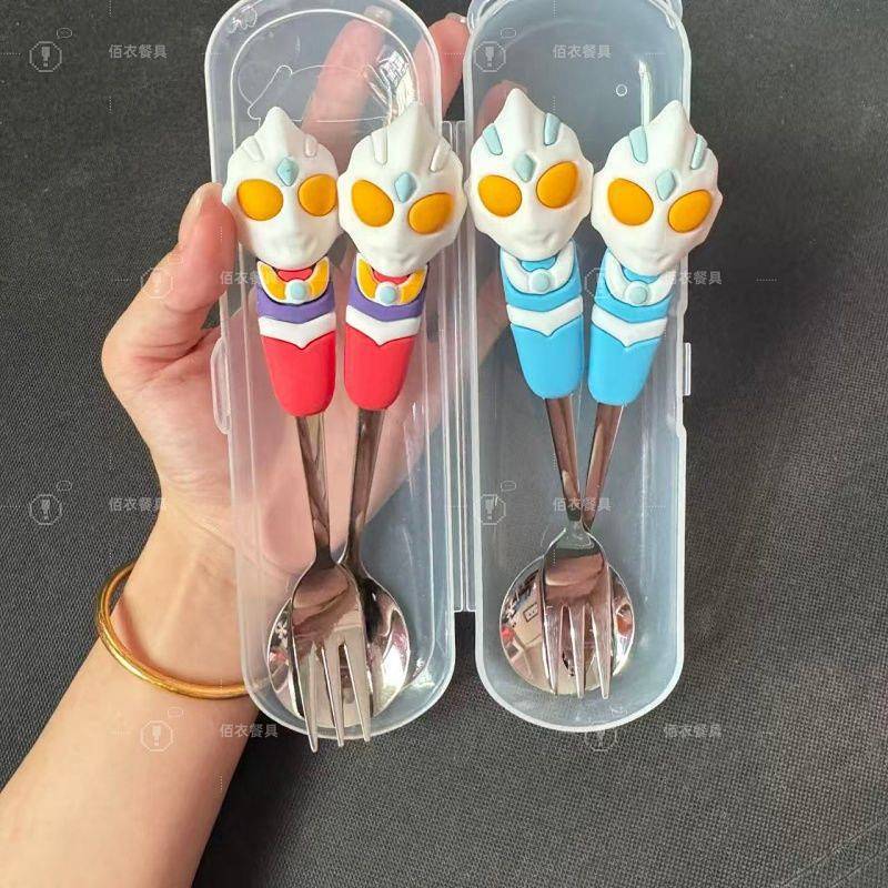 Ultraman New Silicone Cute Spoon Thickened 304 Portable Tableware Children Stainless Steel Fork/Spoo