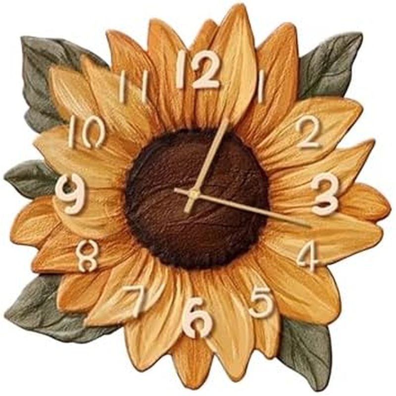 Đồng hồ treo tường hoa Ergocar, Thiết kế hoa hướng dương 30cm (11,81 inch) Phong cách mộc mạc chạy b