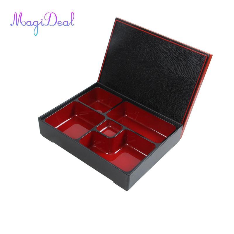 MagiDeal Hộp Bento Nhật Bản Hộp Cơm Trưa Bento 5 Ngăn Đỏ Đen Có Nắp Phục Vụ