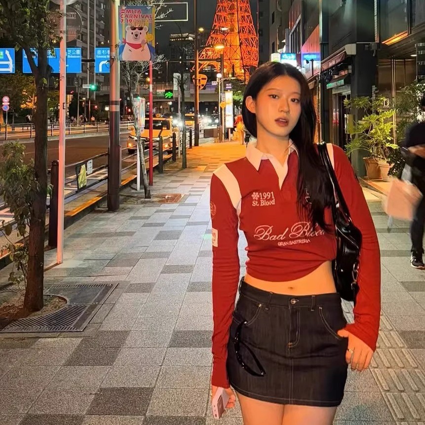 B6SQ badblood Retro Hot Girl Red Long Sleeve T Women's street style casual shirt polo Collar top