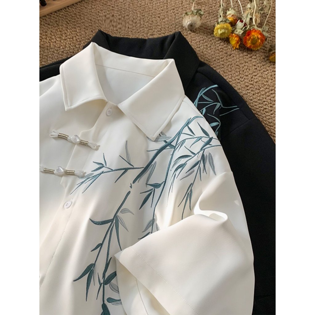 áo sơ mi đồ nam Áo sơ mi nam phong cách Trung Quốc nhẹ nhàng phong cách Trung Quốc áo sơ mi thêu tre