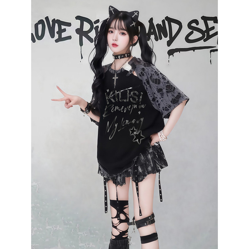 áo thun y2k áo y2k Váy áo thun tay ngắn nữ mùa hè, thiết kế rời, rách style Y2K, phù hợp hot girl và