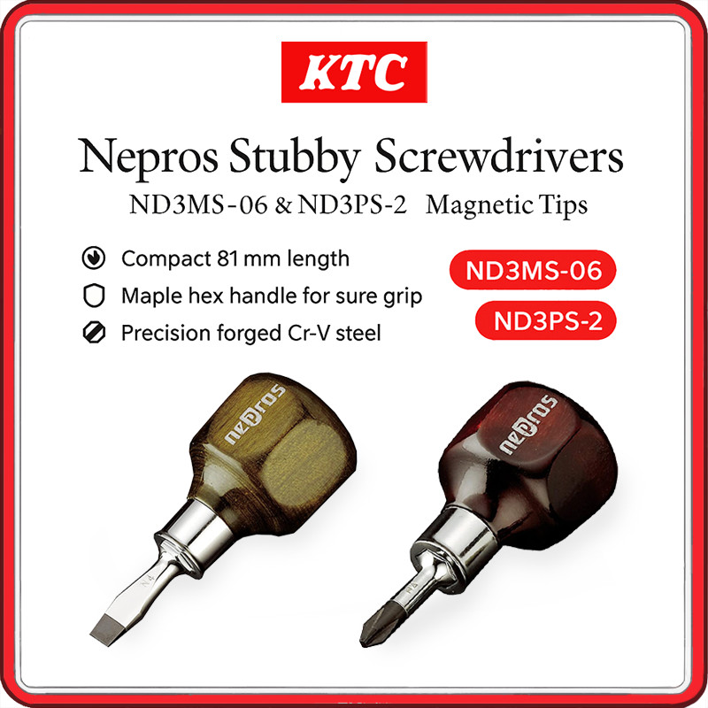 KTC Kyoto Tool Nepros Stubby Screwdriver Set – Flat & Phillips (ND3MS-06 + ND3PS-2) | Compact 81 mm 
