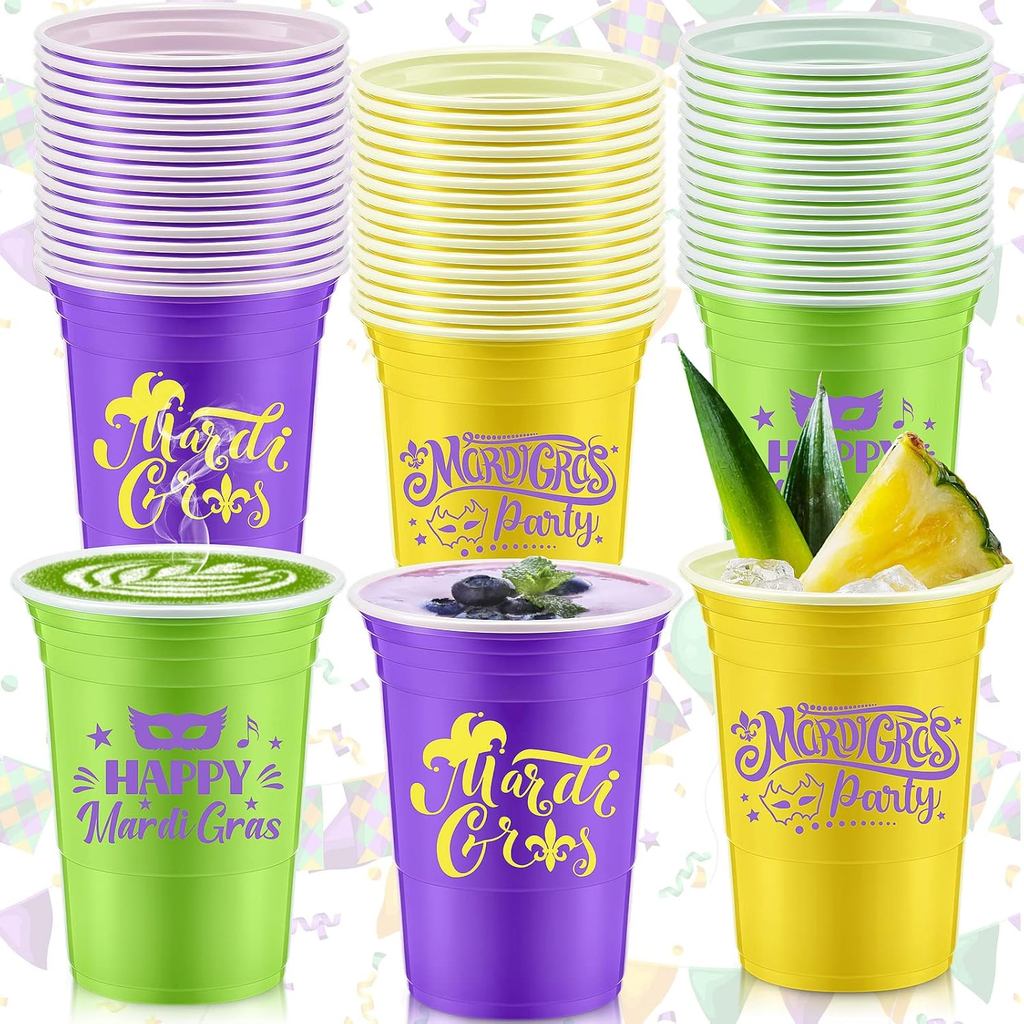 Remerry 48 Chiếc Mardi Gras Số Lượng Lớn 16 oz Dùng Một Lần Mardi Gras Cốc Nhựa Ném 3 Màu Sắc Phong 