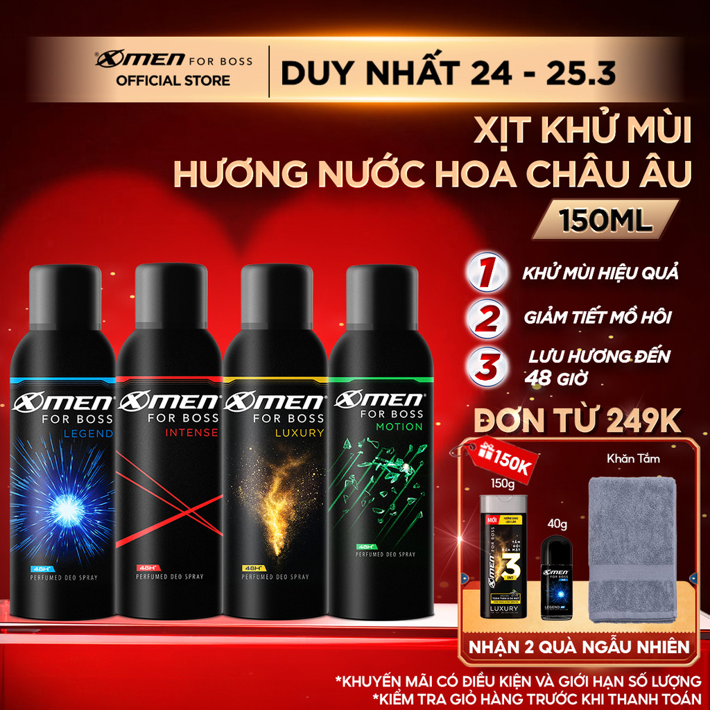 Xịt Khử Mùi XMen for Boss 150ml Intense/Luxury/Legend/Motion Hương Nước Hoa Châu Âu, Giảm Tiết Mồ Hôi Lưu Hương Dài Lâu