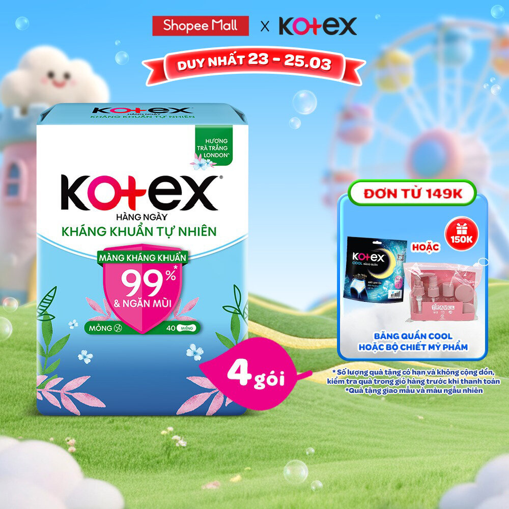 Combo 4 gói băng vệ sinh Kotex hằng ngày kháng khuẩn không cánh (40M/gói)