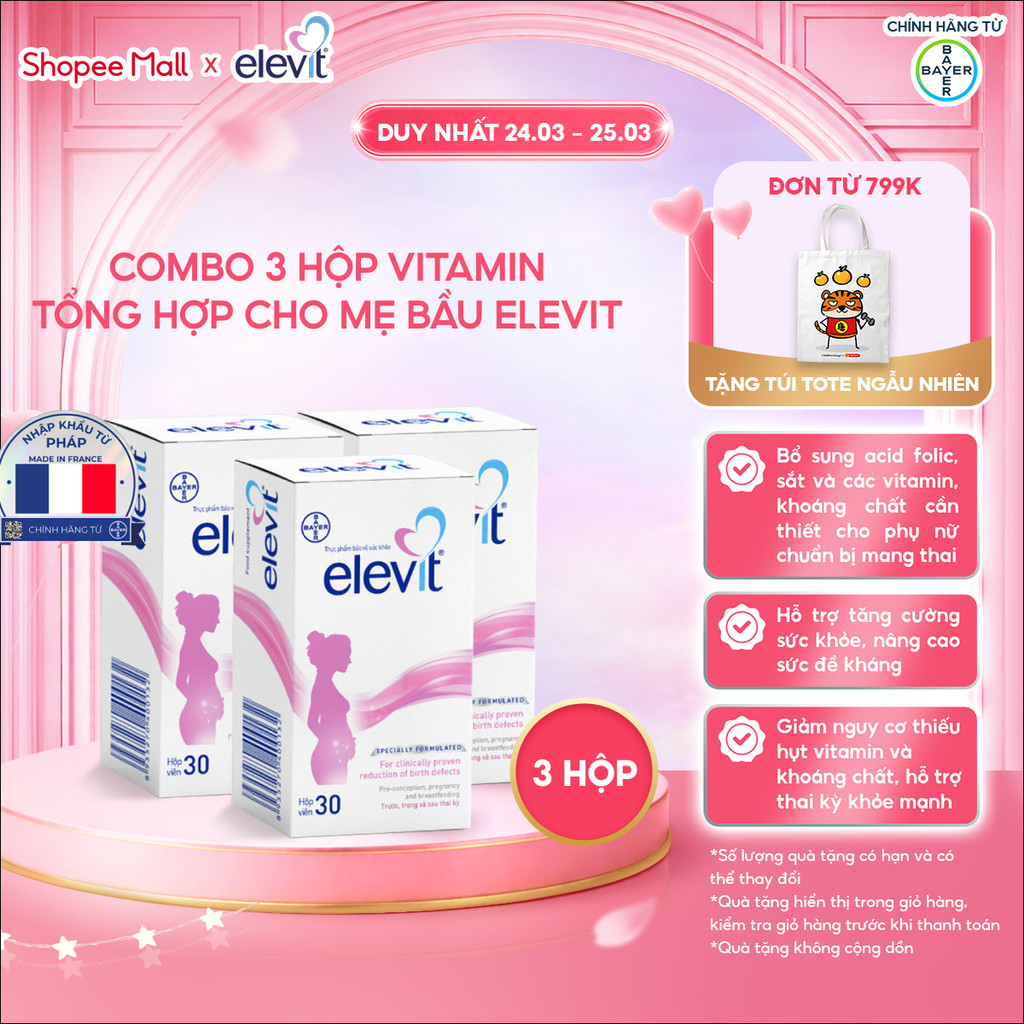 Bộ 3 Thực phẩm bảo vệ sức khỏe Elevit bổ sung Acid Folic, Sắt, Canxi, Các Vitamin và Các khoáng chất (30 Viên/Hộp)
