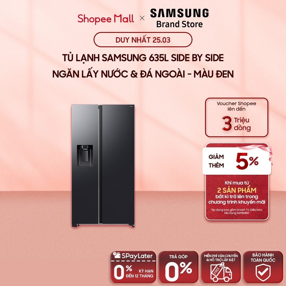 [MIỄN PHÍ VẬN CHUYỂN] Tủ Lạnh SAMSUNG 635L Side by Side –Ngăn Lấy Nước & Đá Ngoài - Màu Đen RS70F65K2FSV