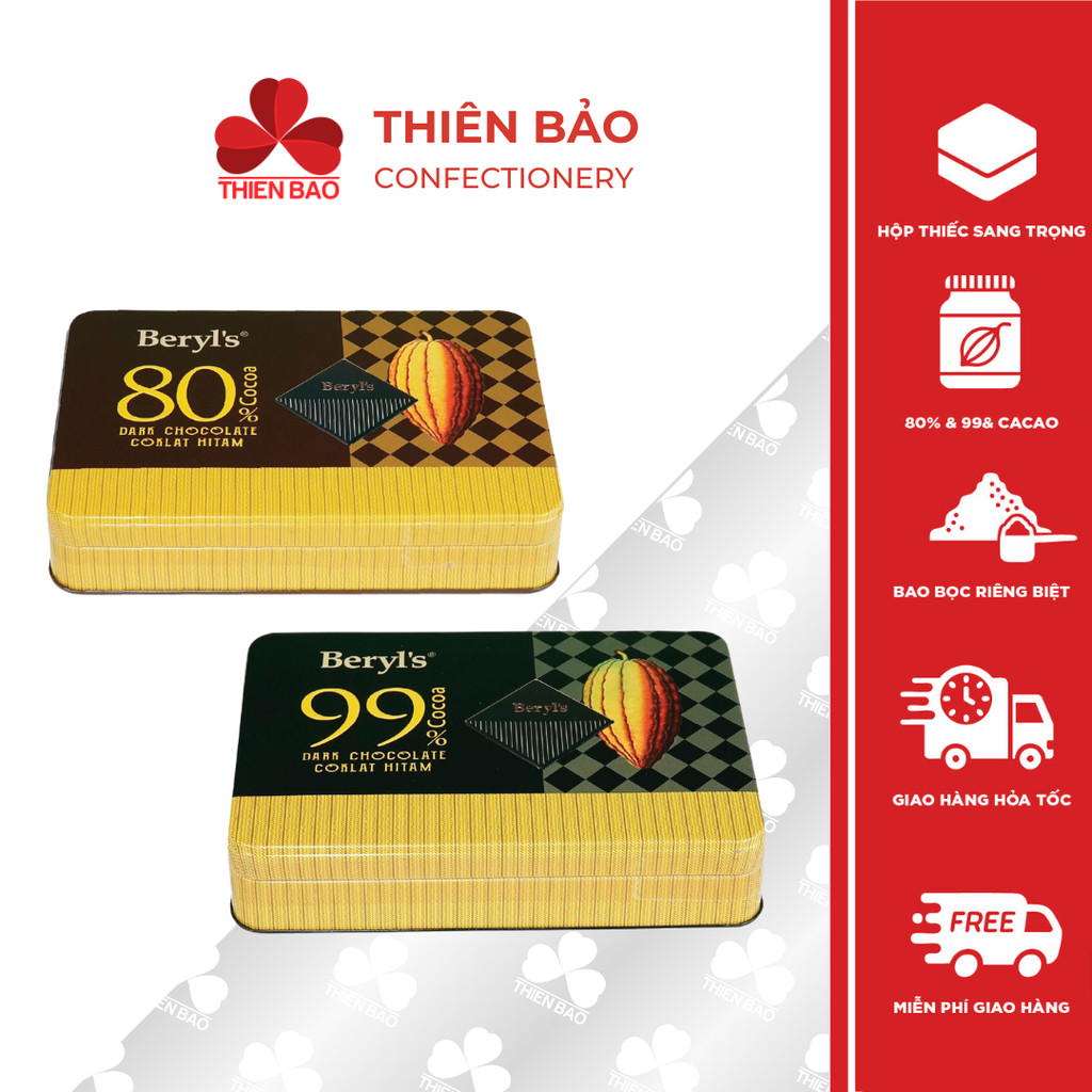 Socola đắng Beryl's cacao dark chocolate 99% 80% cacao - hộp thiếc 108g nhập khẩu Malaysia - Thiên B