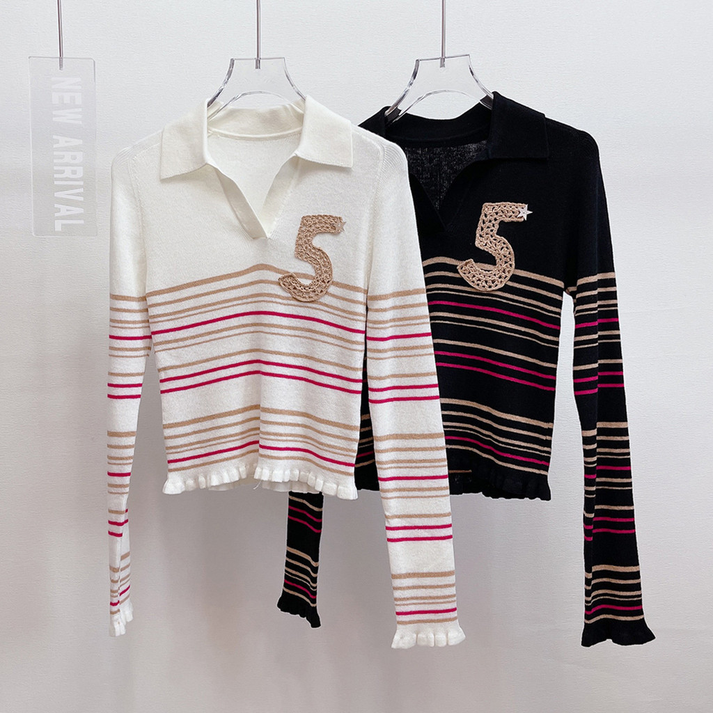 BZ4M French-style romantic striped knit top with fashionable ruffled edges Polo Collared knit sweate