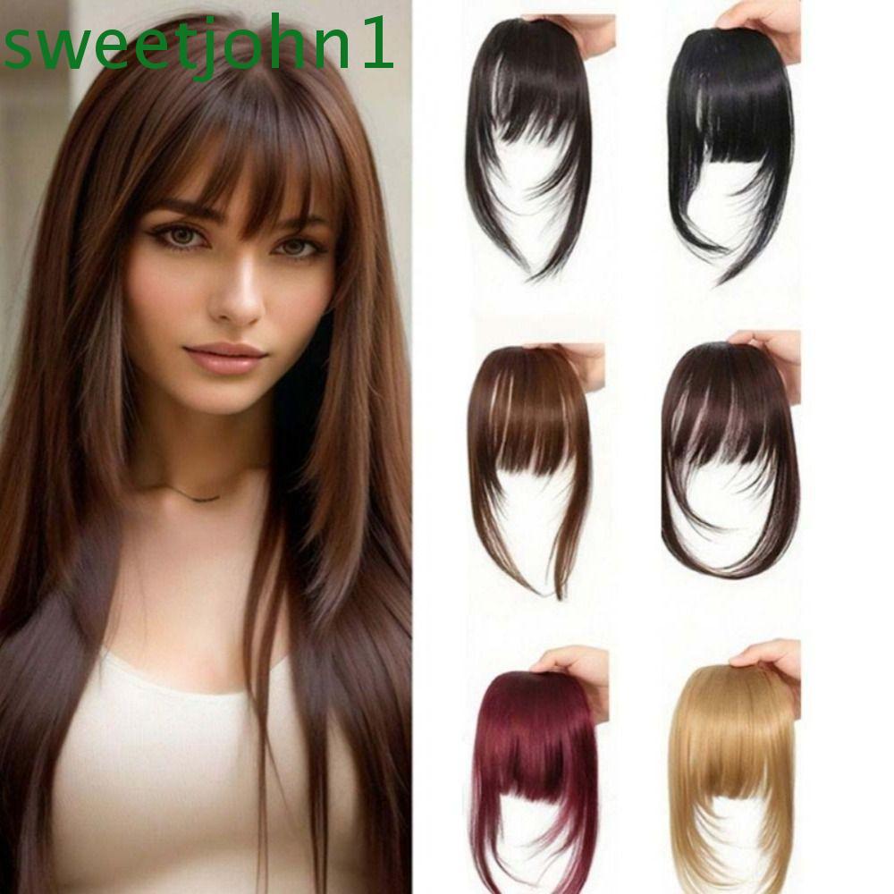 SWEETJOHN Tóc tổng hợp Kẹp-In Bangs, Tóc cắt phía trước màu nâu đậm Wispy Fringe có vết bỏng bên, Fa