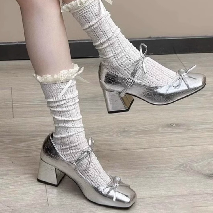 Giày Cao Gót Miệng Nông 0 Pháp Bạc Dày Gót Mary Jane Giày Nữ Không Mệt Mỏi Giữa Gót Giày Da Nhỏ buo3