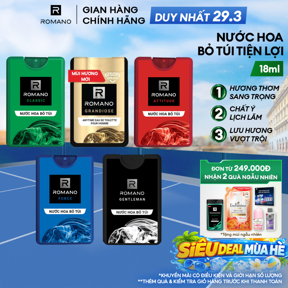 Nước hoa nam bỏ túi Romano hương Attitude/Classic/Force/Gentleman/Grandiose 18ml/chai - 4 mùi hương 