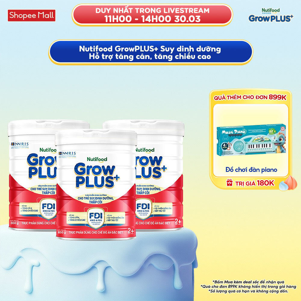 Combo 3 Sữa bột Nutifood GrowPLUS+ Đỏ (Suy Dinh Dưỡng) trên 2 tuổi (3 lon x 850g) - Grow Plus+