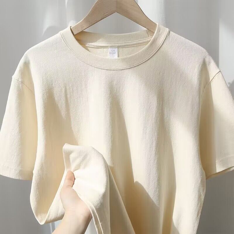 Siêu Trắng の Màu mơ 300g Áo thun Cotton nặng tay ngắn dáng rộng màu trơn giản dị phù hợp cho nam nữ