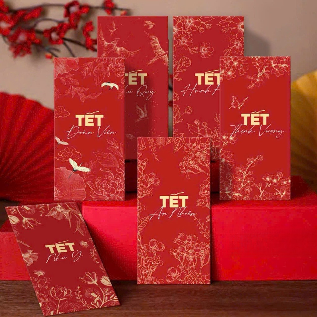 Lixi Tết 2026 -Sét 10 Bao Lì Xì Gấm Hoa Đỏ Đẹp