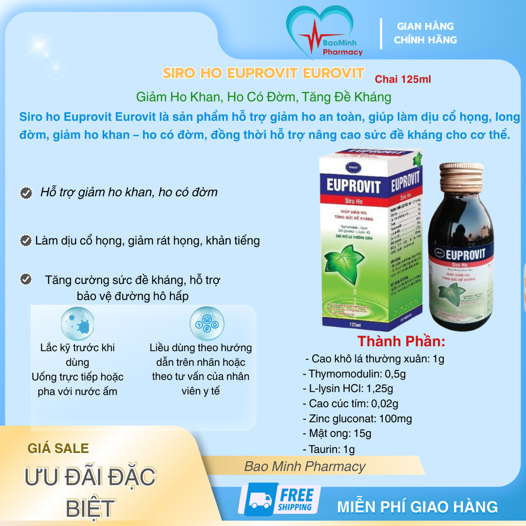 Siro Ho Euprovit Eurovit 125ml – Giảm Ho Khan, Ho Có Đờm, Tăng Đề Kháng