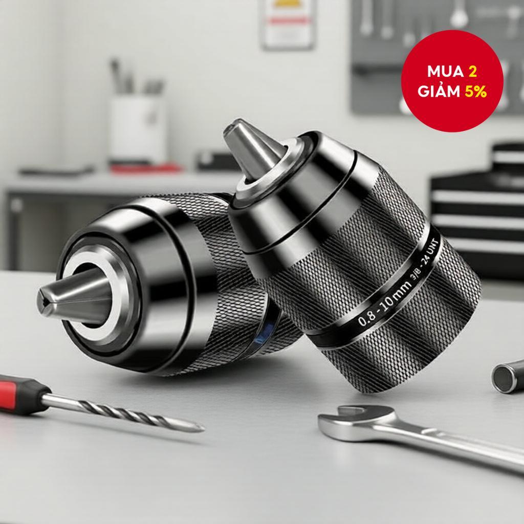 Đầu kẹp mũi khoan tự siết 0.8-10mm, ren 3/8-24UNF, dùng cho khoan cầm tay.