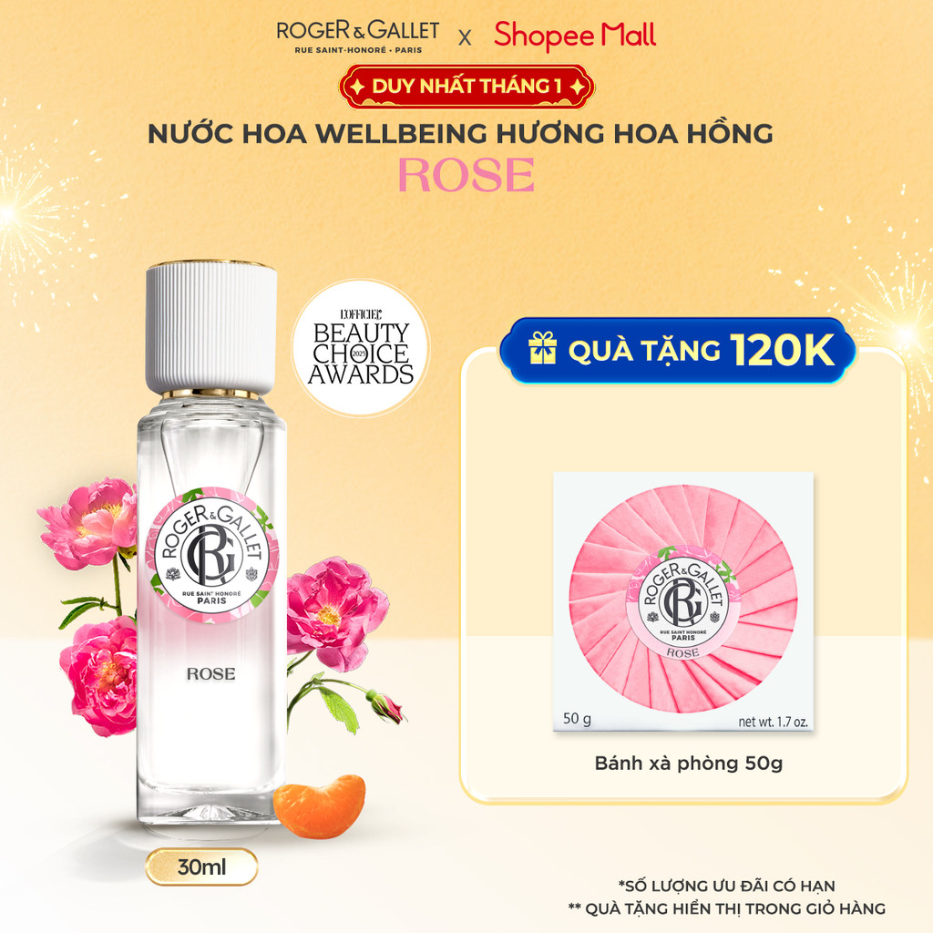 Nước hoa Wellbeing hương hoa hồng Roger&Gallet Rose 30ml