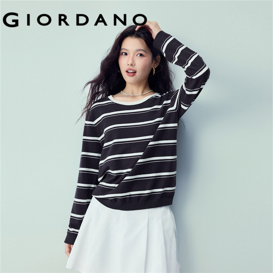GIORDANO WOMEN Contrast stripe crewneck sweater 13356228