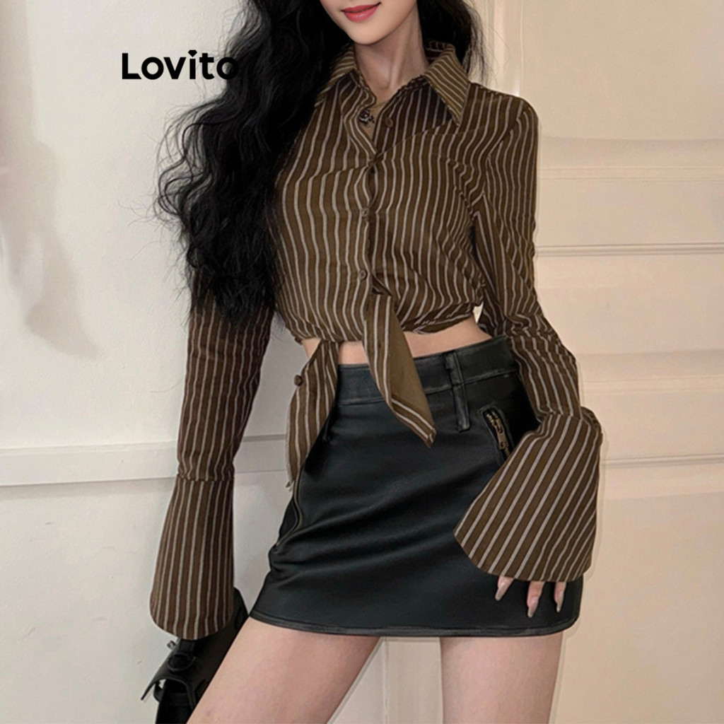 (Trendy) Áo kiểu nữ Lovito tay loa kèn buộc sau kẻ sọc phong cách thường ngày L106AD249