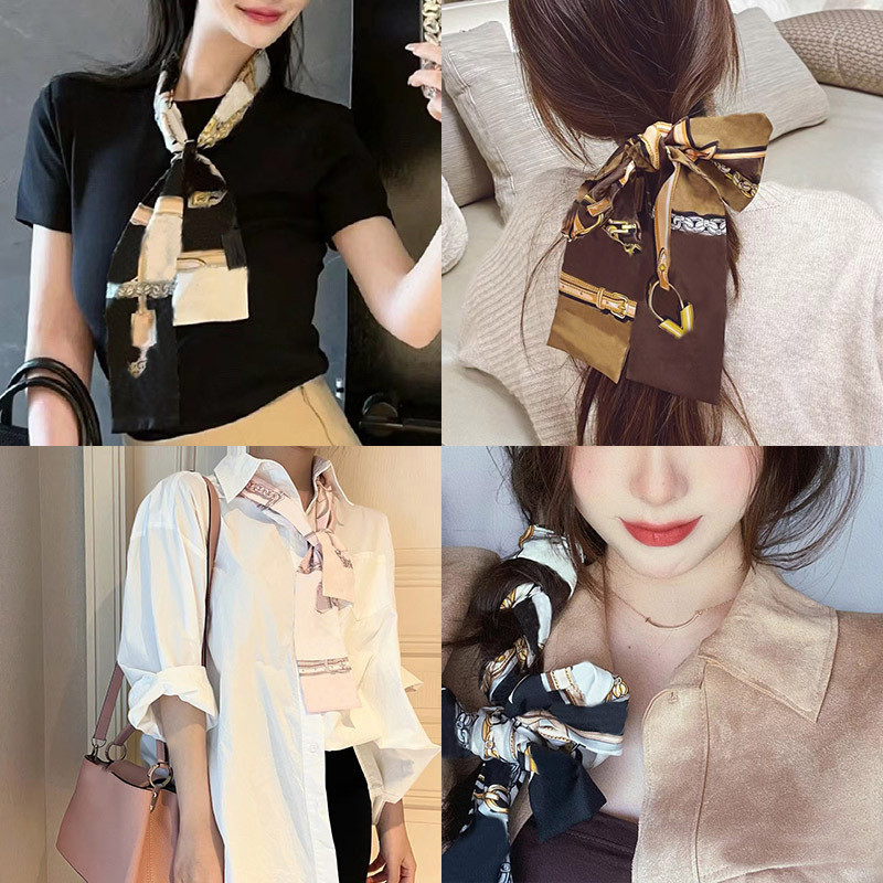 Silk Thin Narrow Long Scarf for Women, Hair Tie, Flowing Scarf, Bag Tie Silk Scarf