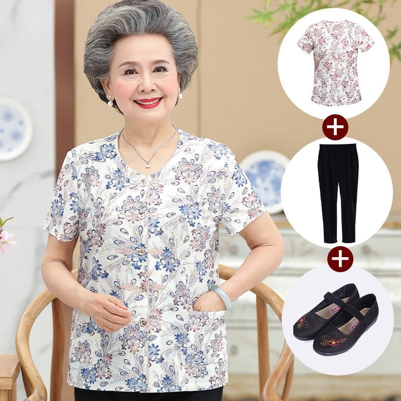 Bà Già Quần Áo Mùa Hè Người Cao Tuổi Quần Áo Mùa Hè 60 Tuổi 70 Bà Tay Ngắn Phù Hợp Với Mẹ Áo Sơ Mi N
