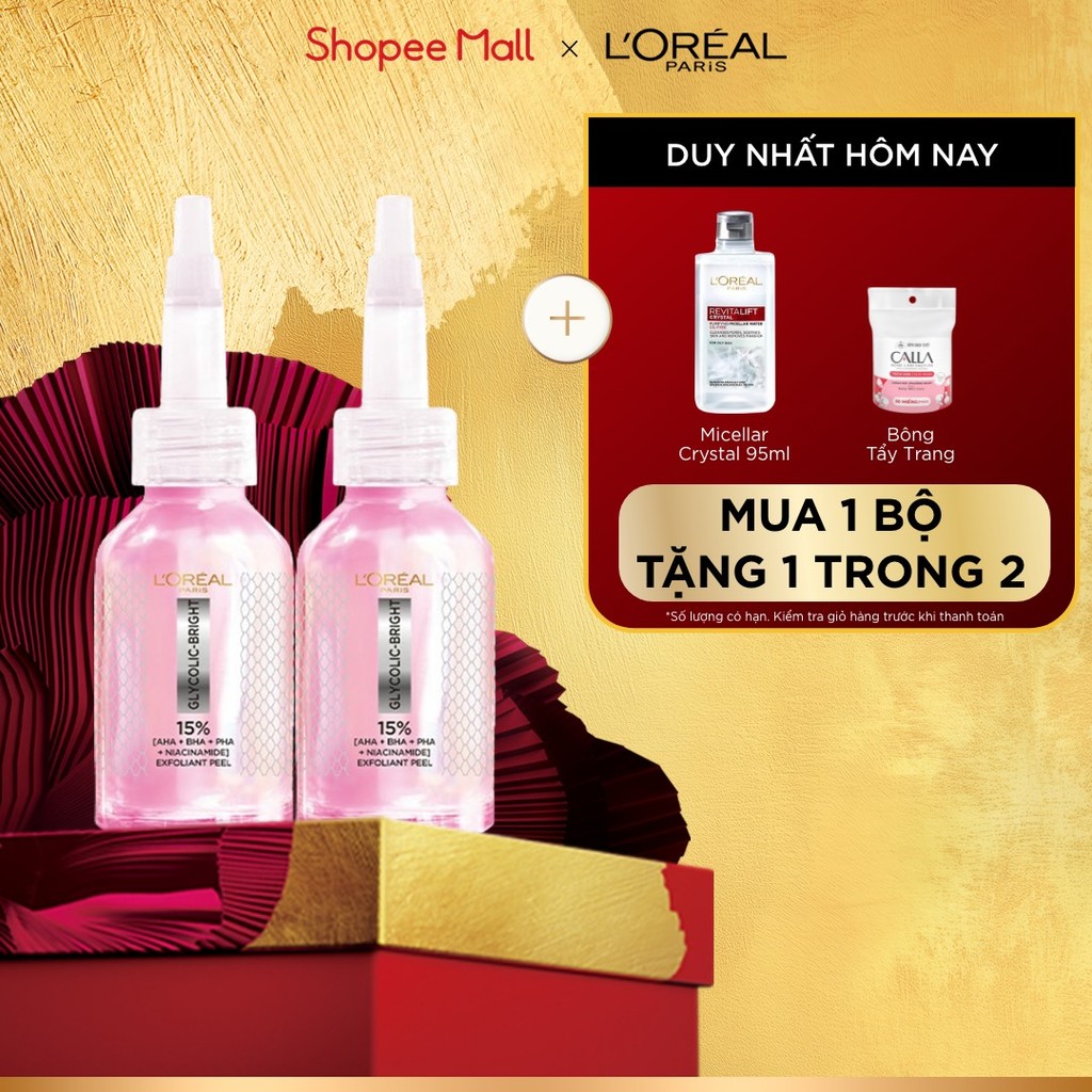 Bộ đôi dưỡng chất peel sáng da làm sạch tế bào da chết L'Oréal Paris Glycolic-Bright Anti-Dark Spot Exfoliant Peel 25ml