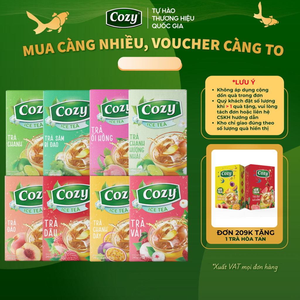 Trà Cozy Trà Đen Hòa Tan Các Vị Trái Cây Trà Đào, Gừng, Chanh, Vải, Dâu, Ổi hồng, Chanh dây, Sâm Bí Đao