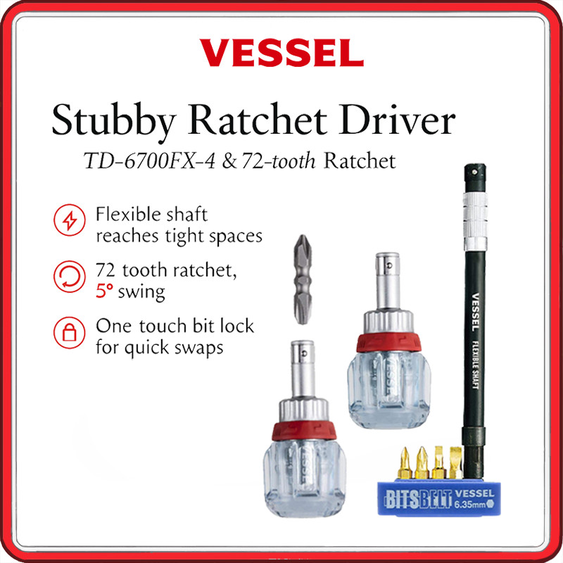 VESSEL TD-6700FX-4 & TD-6700W-23 Stubby Ratchet Driver Set – 72-Tooth Reversible Screwdriver with Fl