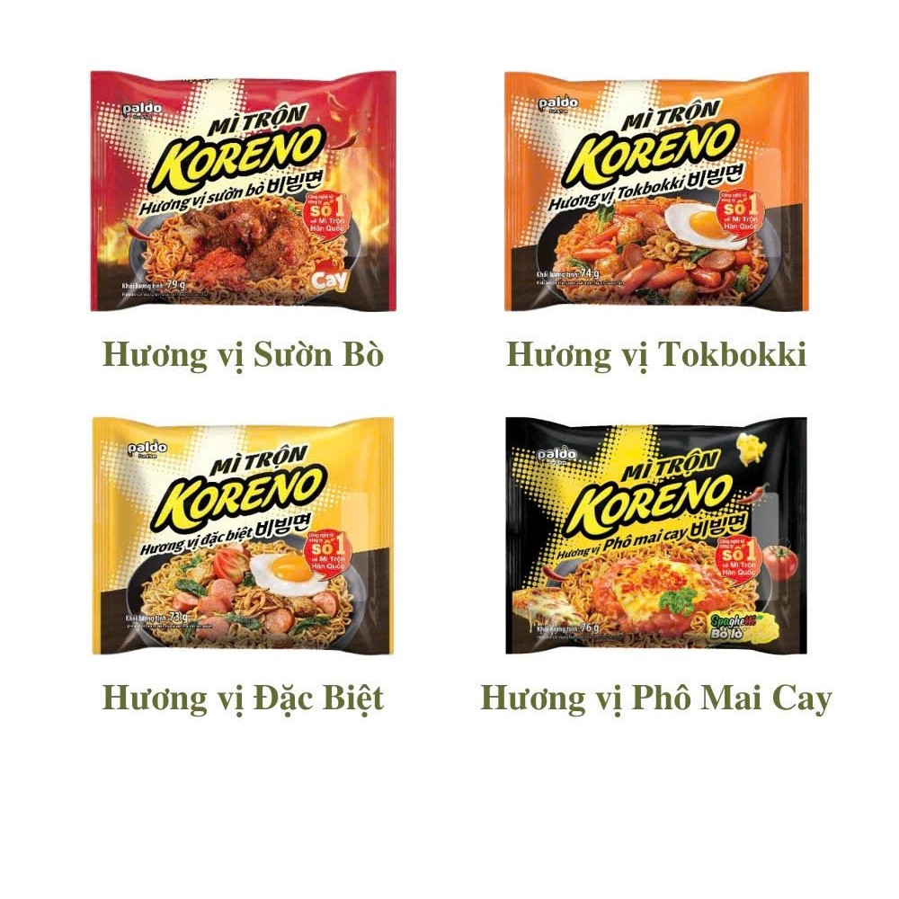 Thùng 40 Gói Mì Trộn Koreno Hàn Quốc 4 Vị: Tokbokki, Sườn Bò, Đặc Biệt, Phô Mai Cay (73-79Gam/Gói)