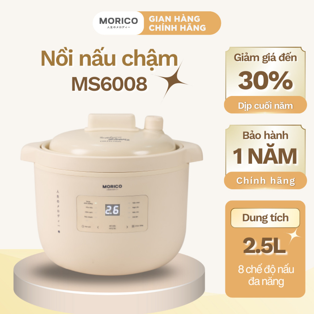 Nồi Nấu Chậm MORICO MS6008 – Giữ Ấm, Hẹn Giờ, 8 Chế Độ Tự Động, Gốm Ceramic An Toàn Sức Khỏe