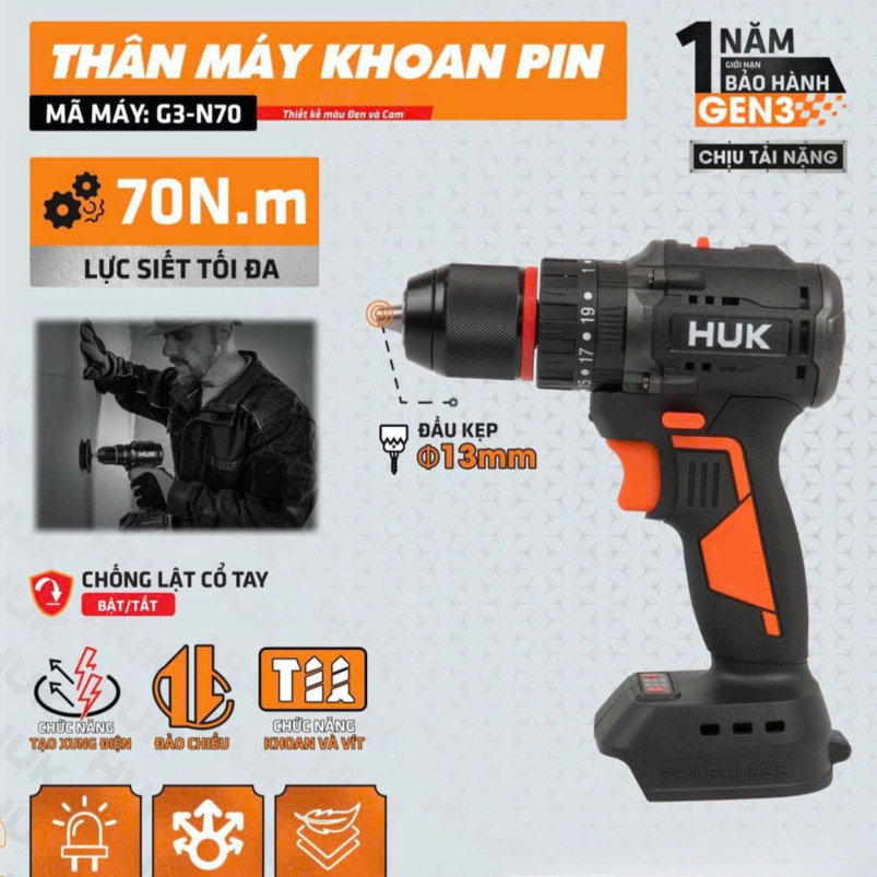 Máy Khoan Pin HUKAN G3-N70, Lực siết 70Nm, 3 Chức Năng - Đầu kẹp 13mm, Động cơ Không Chổi Than