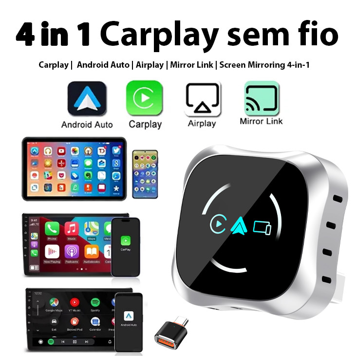 Bộ chuyển đổi CarPlay không dây 4 trong 1 Dongle cho Android Auto, Mirror Link, cho Ios18 + Carplay 