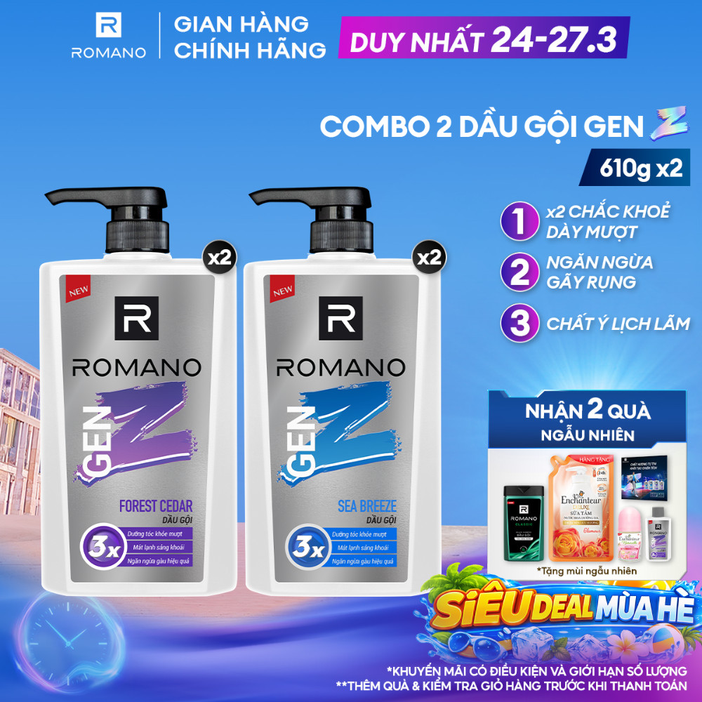 Combo 2 Dầu gội nam Romano Gen Z Hương Sea Breeze/ Forest Cedar 610g/ chai - 2 mùi hương