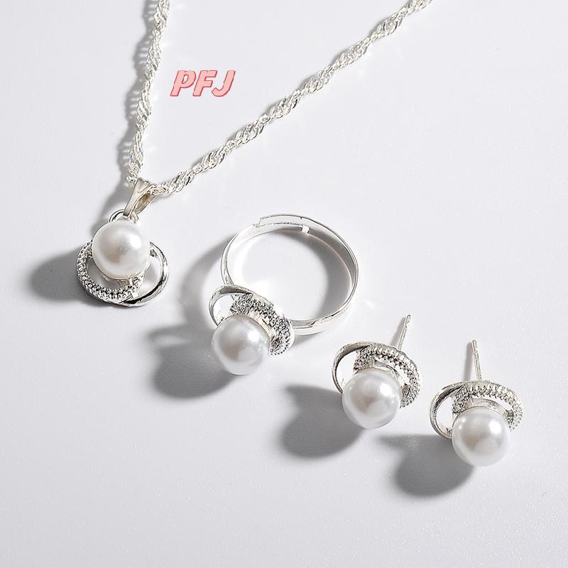 Pearl Fake Butterfly Flower Earings & Necklace Set - Trang Sức Cưới Mạ Bạc Cho Cô Dâu