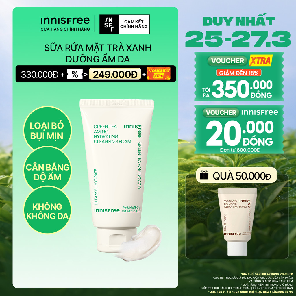 Sữa rửa mặt trà xanh sạch sâu ẩm mịn INNISFREE Green Tea Amino Cleansing Foam 150g