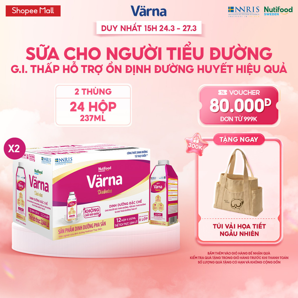 [COMBO ỔN ĐỊNH ĐƯỜNG HUYẾT 4] Combo 2 Thùng 12 Hộp SBPS Cho Người Tiểu Đường Varna Diabetes (24 Hộp GIấy X 237ml)