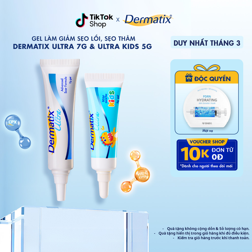 Combo gel làm mờ sẹo lồi, sẹo thâm Dermatix Ultra 7g cho người lớn & Dermatix Ultra Kids 5g cho trẻ 