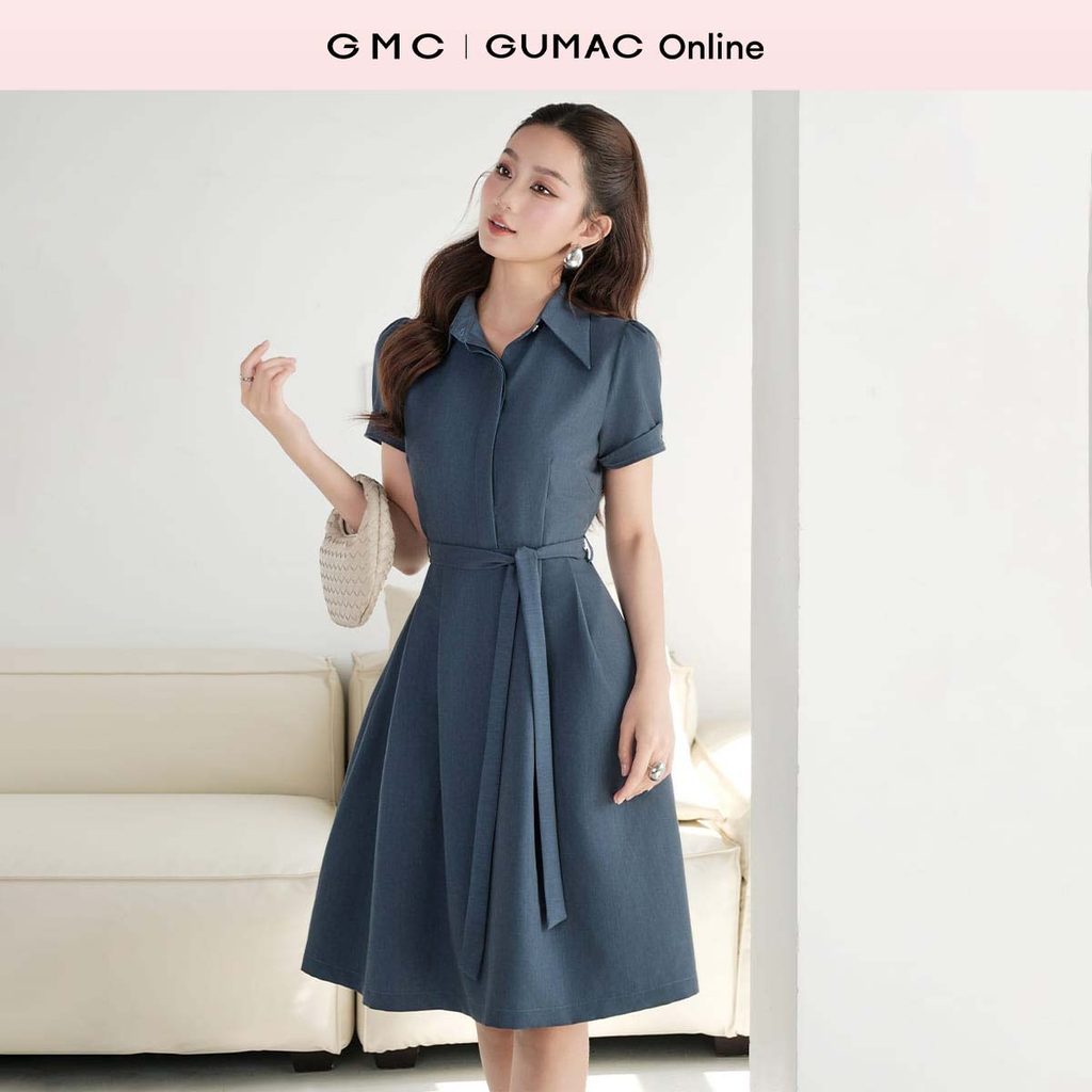 Đầm nữ dáng A xòe xếp ly thiết kế cổ sơ mi có túi công sở đi chơi thời trang GUMAC DF09018