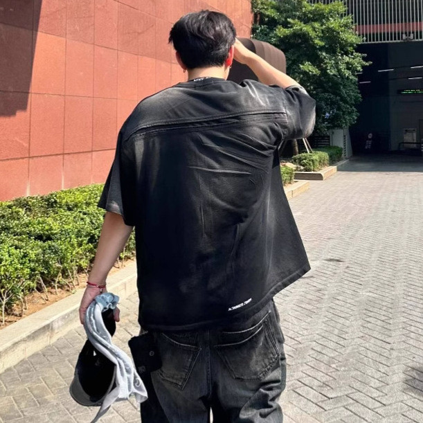 OOQ0 NONNOD Washed, distressed, spray-painted short-sleeve high street style vibe Loose-fitting coup