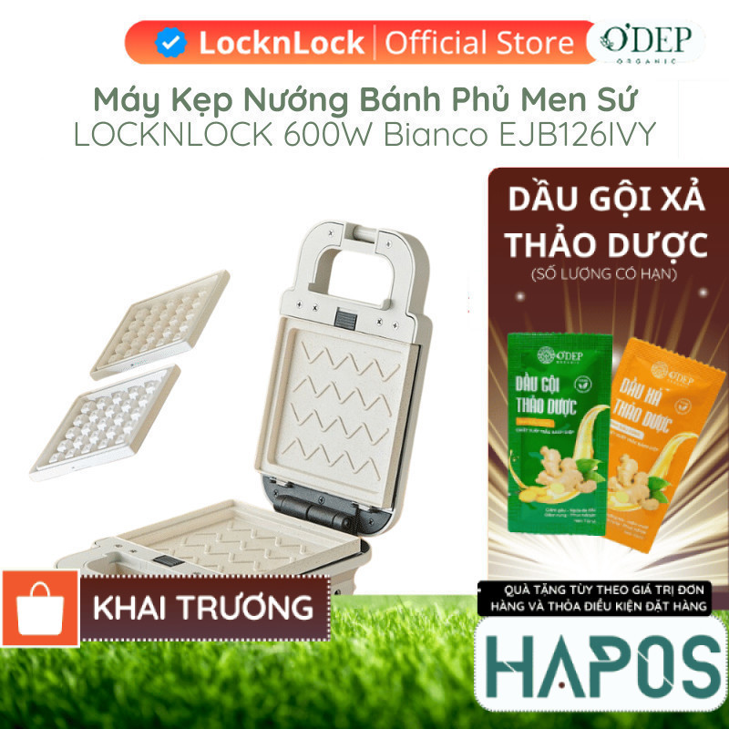 Máy kẹp nướng bánh LocknLock 600W, Hàng chính hãng, phủ men sứ Bianco Sandwich Maker Màu ngà EJB126I