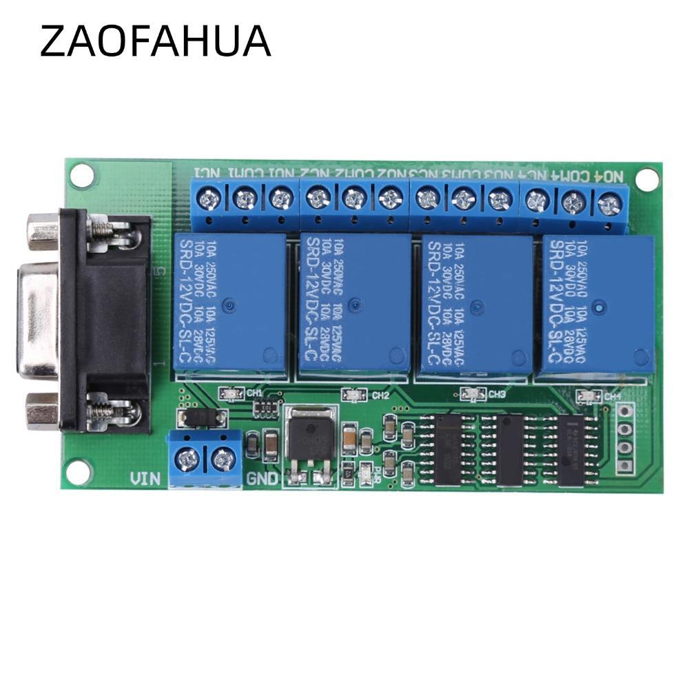 Rơle ZAOFAHUA RS232, Giao diện DB9 Rơle cổng nối tiếp RS232, Bảng điều khiển 4Ch 12V DB9 RS232 Rơle 